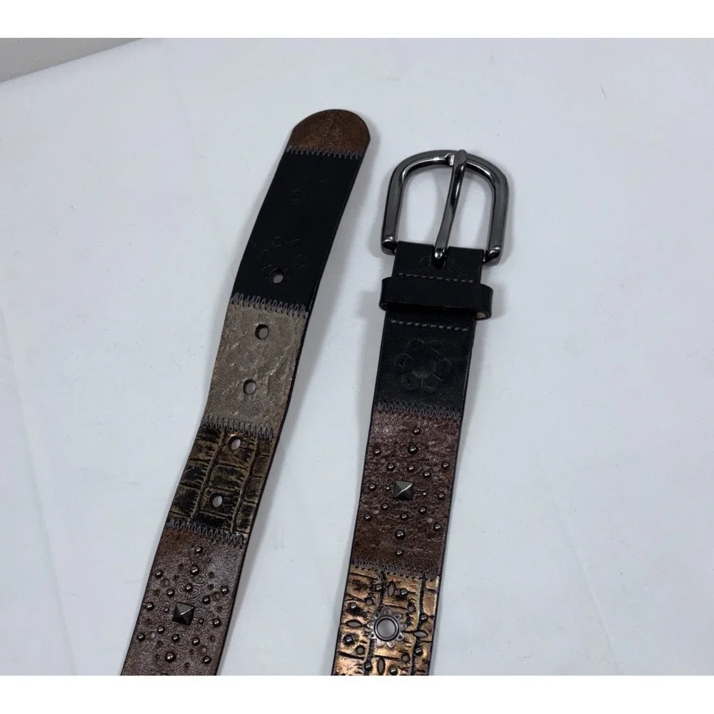 VTG Fossil Leather Belt Patchwork Sz L Floral Studded Cowhide Tooled‎ Y2K Artsy